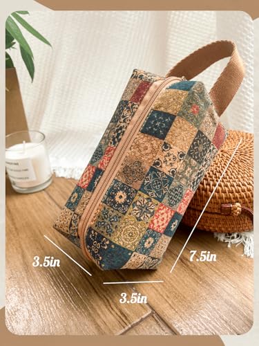 Boho Cork Makeup Bag, Vintage Floral Art Pouch, Patchwork Pattern, 7.5 x 3.5 x 3.5 Inches, Bohemian Cosmetic Pouch, Hippie Travel Organizer, Boho Pencil Pouch2