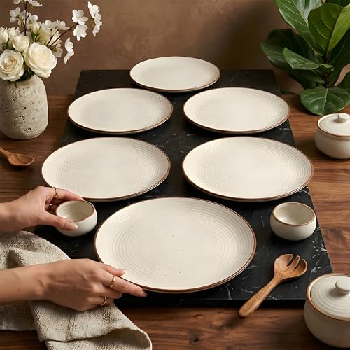 Image of miah decor Dinner Plates Ceramic Set of 6 (10 inch) & Mini Dip Bowl Set of 2 (3.5 inch) | Handcrafted Stoneware Ribbed Off White Matte Finish Plate for Dining & Gifting | Microwave & Dishwasher Safe