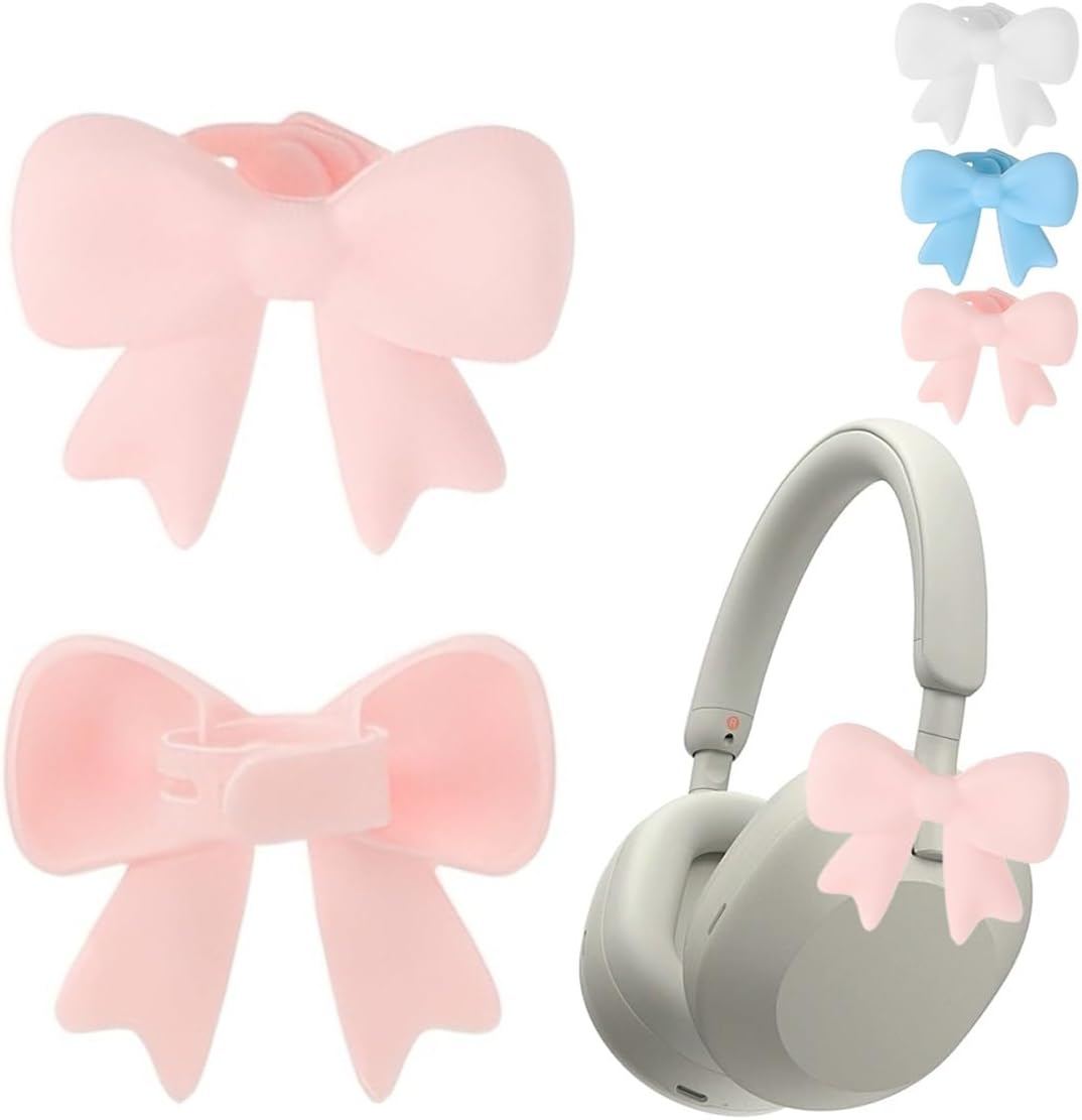 Silicone Bow Headphone Accessory, 2 Pack 3D Bows Decor for Headphones, Cute Earphone Decorations, Silicone Bows Coquettish Headphone Clip Decor Attachment Accessories for Women(Pink)