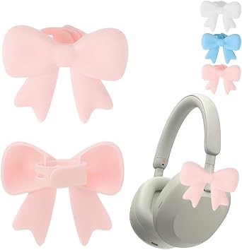 Silicone Bow Headphone Accessory, 2 Pack 3D Bows Decor for Headphones, Cute Earphone Decorations, Silicone Bows Coquettish Headphone Clip Decor Attachment Accessories for WomenPink