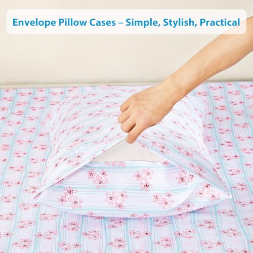 Image of Softan Pink Striped Floral Full Sheet Set, Cozy Printed Microfiber Bed Fitted Sheets with 15 inch Deep Pocket & Non-Slip Corner Straps, Cherry Blossom & Mint Stripe Patterned Sheets & Pillowcase Set