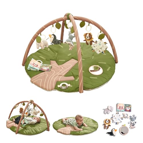 Baby Play Gym Mat – Jungle Safari Activity Mat with 8 Detachable Toys for Sensory Development – Thick, Oversized, Washable and Non-Slip Bottom Playmat – Perfect Tummy Time Mat for Baby