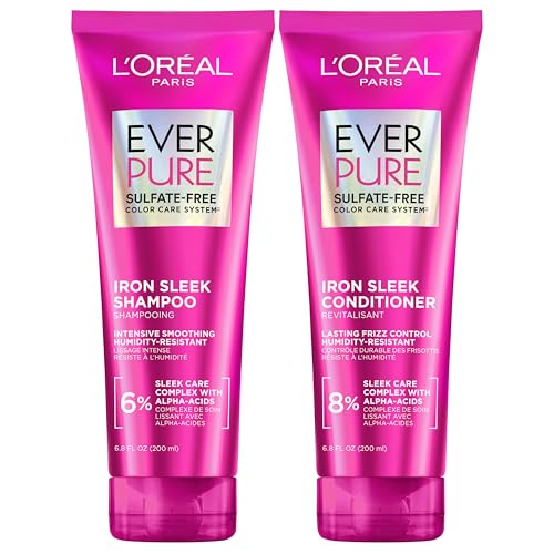 L'Oreal Paris Sulfate Free Iron Sleek Smoothing Shampoo and Conditioner, Frizz Control and Humidity-Resistant Formula with Alpha-Acids, EverPure Hair Care, 1 Kit