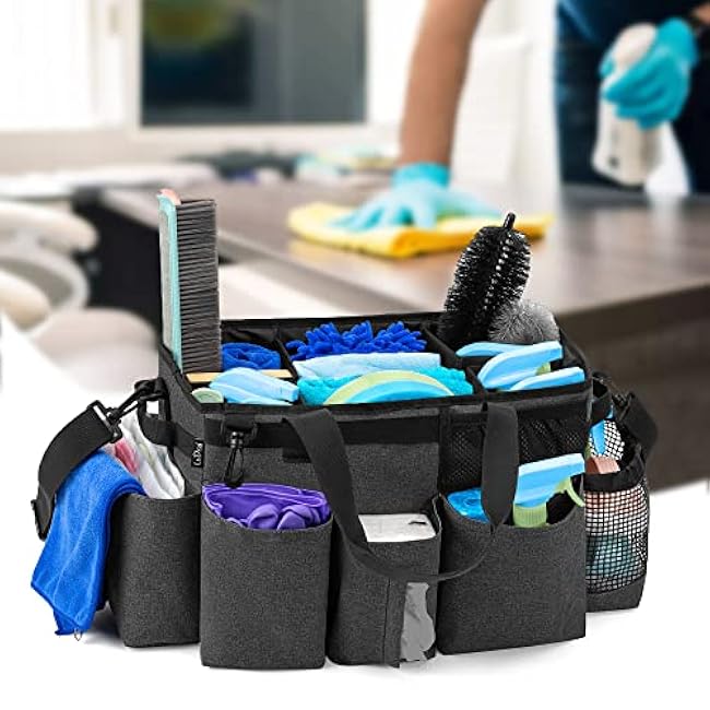 LoDrid Wearable Cleaning Caddy Bag with 4 Foldable Dividers, Cleaning Supply Organizer with Shoulder Strap and Side Handles for Cleaners & Housekeepers, Black