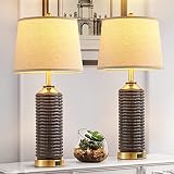 Farmhouse Table Lamps for Bedrooms Set of 2, Rustic Ceramic Table Lamp with Brown Finish, 3-Way Dimm