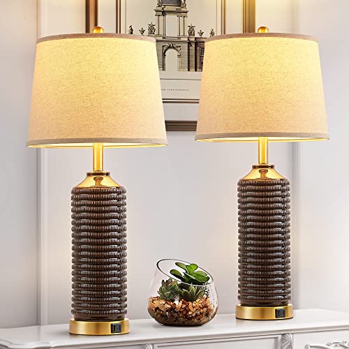 SRJJRS Farmhouse Table Lamps for Bedrooms Set of 2, 28" Ceramic Table Lamp for Living Room with Brown Finish, 3-Way Dimmable Touch Control Nightstand Lamp with Linen Drum Shade (Bulbs Included)