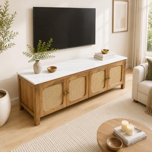 Image of The Attic Crestwood Solid Wood TV Cabinet with Cane Doors, Sideboard Storage & Display Cabinet for Living Room & Dining Room, Handcrafted Wood, Light Teak Finish