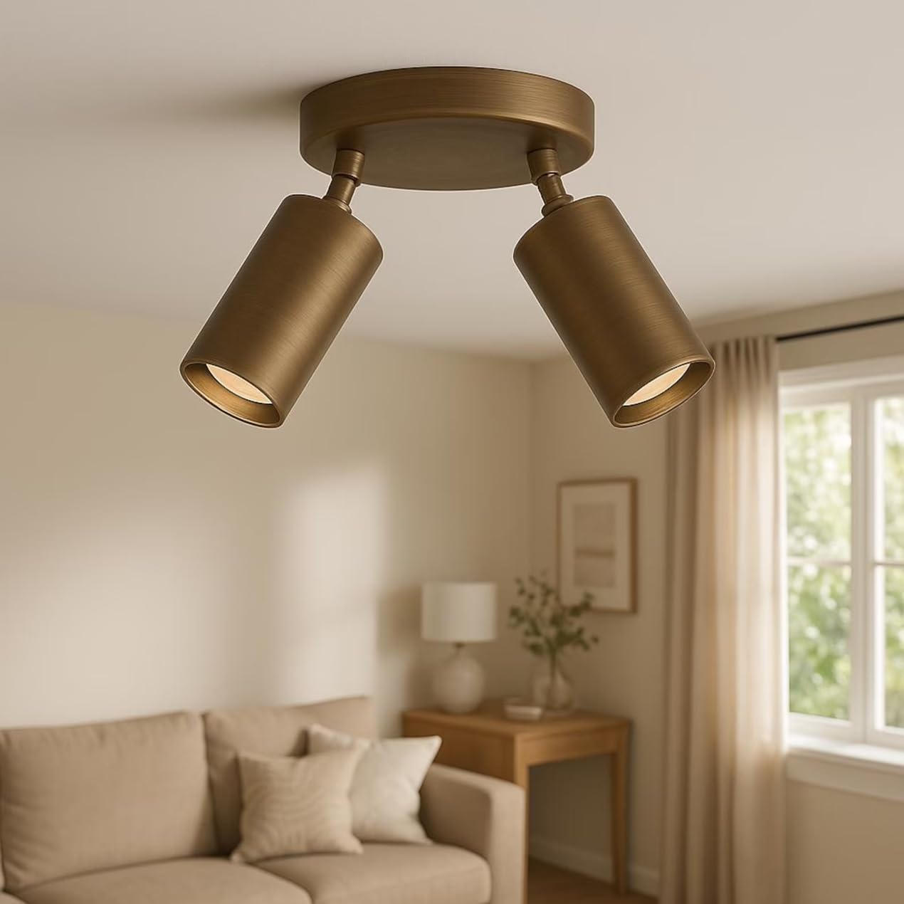 Modern Brass Adjustable Ceiling Spotlight – 2 Light Directional Ceiling Spot Light Fixture, Dual Head Rotatable Metal Lighting for Living Room, Bedroom & Office (Aged Brass)