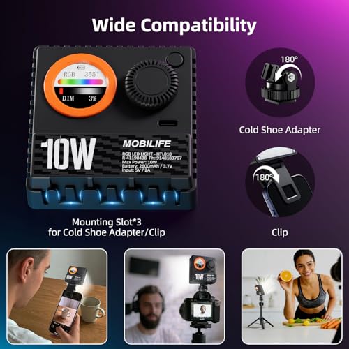 Image of Mobilife RGB LED Video Light 1200 Lux Ultra-Bright Camera Light with LCD Display,1800K-9000K, 20 Lighting Effects, Portable Fill Light with Clip & Soft Diffuser for Photography,Vlogging,Live Streaming
