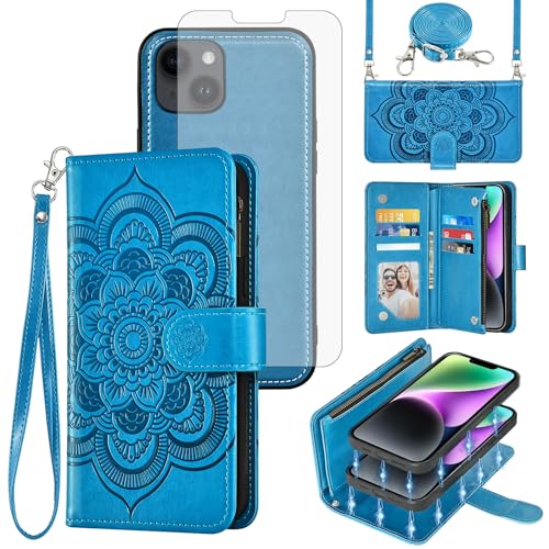 Coque iPhone 14 antichoc à fermeture éclair et étui portefeuille amovible 4-en-1