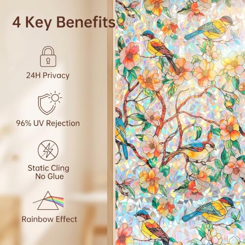 Image of SUNBABY Stained Glass Window Privacy Film, Rainbow Floral Bird, 23.6 inchx78.7 inch | Static Cling Decorative, No Glue, Renter-Friendly, Day and Night Privacy, UV Blocking, for Bathroom, Glass Door, with 3 Tools