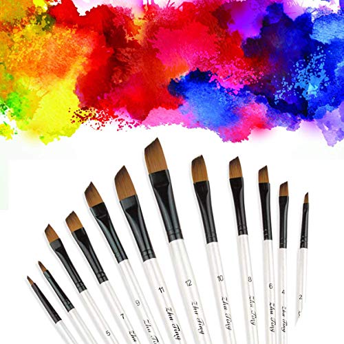 Angular Paint Brushes Nylon Hair Angled Watercolor Pait Brush Set For Acrylics Watercolors Gouache Inks Oil And Tempera(12Pcs Pearl White Angled Paintbrush Set) #TOP5
