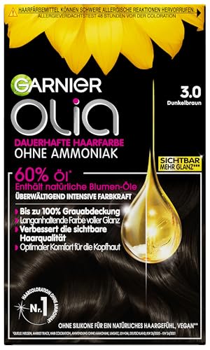 Garnier Olia Dauerhafte Haarfarbe ohne Ammoniak, Mit pflegenden und natürlichen Ölen, Vollständige Grauhaarabdeckung, Permanente Coloration, Nr. 3.0 Dunkelbraun, 1er pack Garnier Olia Dauerhafte Haarfarbe ohne Ammoniak, Mit pflegenden und natürlichen Ölen, Vollständige Grauhaarabdeckung, Permanente Coloration, Nr. 3.0 Dunkelbraun, 1er pack