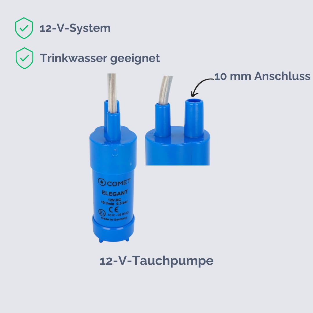 Camping 2 x 12 L Wasserkanister mit Armatur, Wasserpumpe, Kabelsatz, Abwasserschlauch mit 25 mm Anschluss, für Campingküche, Vanküche/Food-Truck-Ausbau