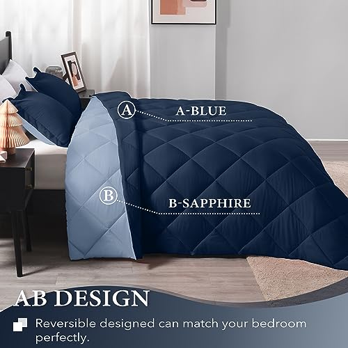 Downluxe Queen Comforter Set - Blue And Sapphire Queen Comforter, Soft Bedding Comforter Sets For All Seasons, Queen Bed Comforter Set - 3 Pieces - 1 Comforter (88"X92") And 2 Pillow Shams(20"X26") #TOP3