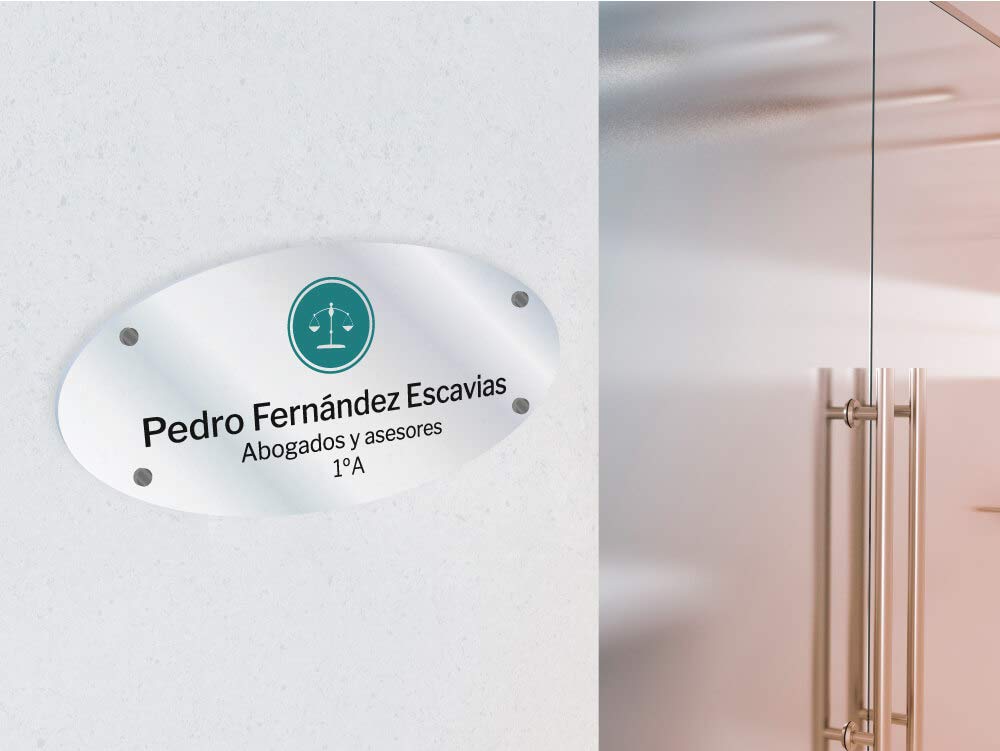 Oedim Placas Personalizadas Rotuladas Fabricadas en metacrilato | 29,7 x 14 cm | Forma Ovalada | Resistente y Económico | Incluye 4 Embellecedores
