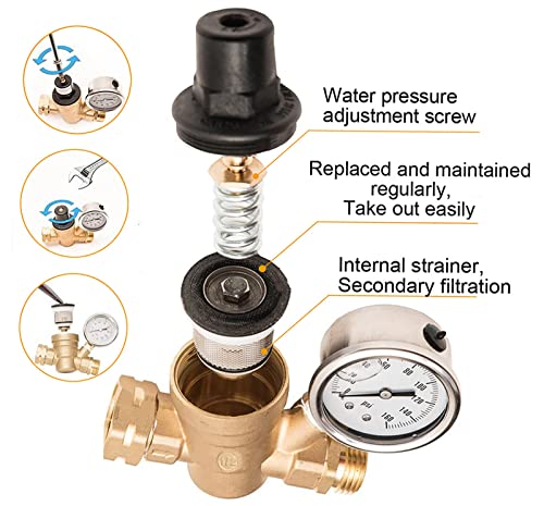 RV Water Pressure Regulator,Water Pressure Regulator for RV Camper Adjustable,RV Water Pressure Regulator with Gauge 160psi,Adjustable Water Pressure Regulator for RV Camper Travel Trailer - Thumbnail 3