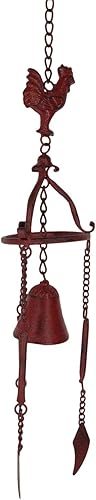 Ebros Gift Rise and Shine Campana de viento relajante de hierro fundido rústico con gallo rojo resonante de pollo, campana colgante para jardín,