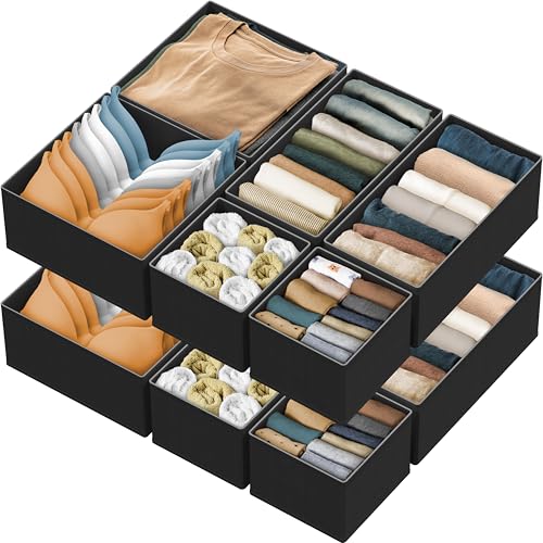 Image of SIMPLE HOUSEWARE Foldable Drawer Organizer for Clothes/Underwear/Panty/Onesie Stocking Bin, Set of 12, Black