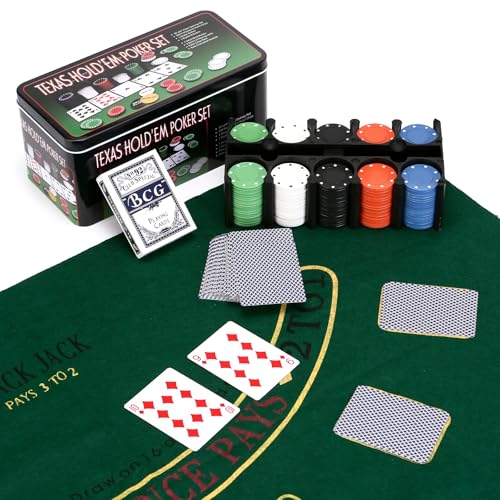REQUISITE NEEDS Professional Poker Set with Mat Casino Texas Holdem and Blackjack Games - 200 Chips Cards in Tin Box
