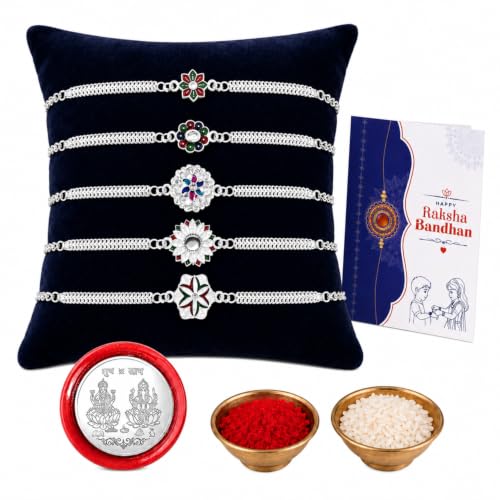 Image of Periapt Rakhi for Brother Set of 5 - Stylish Silver Colour Mix Design Rakhi with Pooja Coin, Greeting Card & Tilak Set | Traditional Rakhi Gift Combo for Raksha Bandhan (K1 1063)