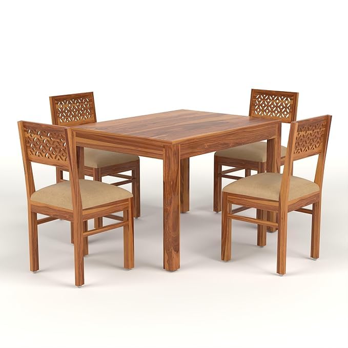 Image of Solid Sheesham Wood 4 Seater Dining Table Set with Cushioned Chairs for Dining Room | Living Room | Home & Office | Hotels Restaurant & Cafe (4 Seater, Honey Finish D)