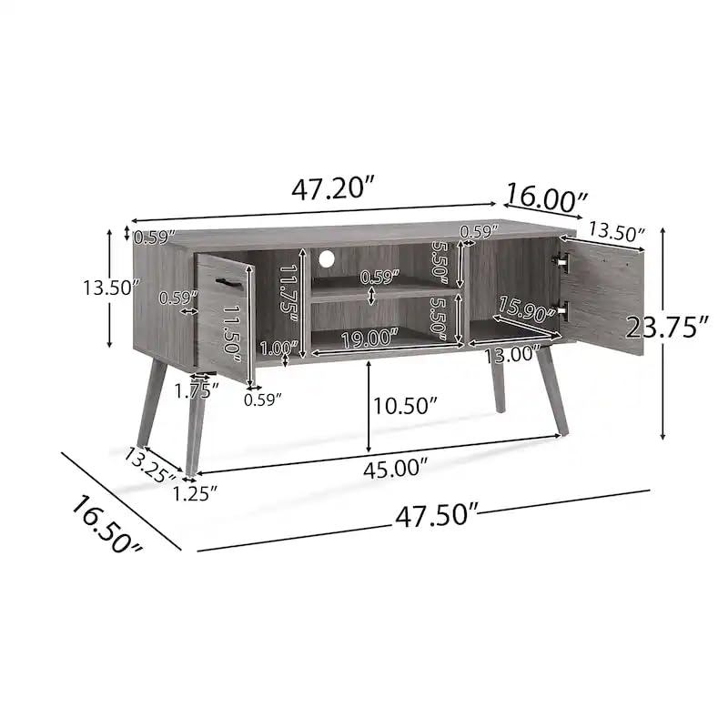 Image of Riva Engineered Wood TV Cabinet & Entertainment Unit | Modern TV Stand with 2 Storage Cabinets & Open Shelves | Solidwood Legs | Mid-Century Design | Ash Grey Finish