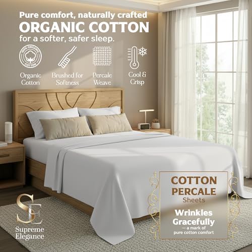 SUPREME ELEGANCE 100% Organic Cotton Queen Sheet Set, Soft Percale Weave, 18" Deep Pocket Cooling Cotton Sheets, Crisp & Breathable, Organic Cotton Sheets Queen, Light Ivory, 4-Piece Set - Thumbnail 3
