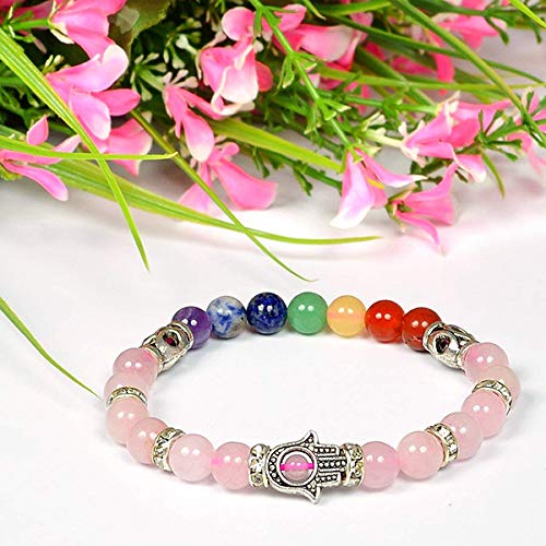 Image of Reiki Crystal Products Certified Natural Crystal Stone 7 Chakra with Hamsa 8 mm Round Beads Bracelet for Men & Women | Reiki Charged Gemstone Bracelet | Multiple Stone Variants Available