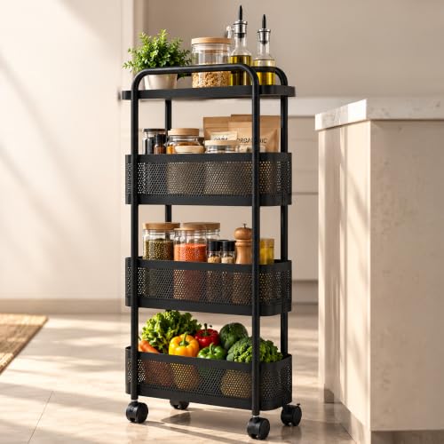 4-Tier Kitchen Storage Organizer Trolley with Wheels & Handle | C...