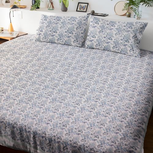 Image of Gulnaar Premium Hand Block Printed Bedsheet | Bed Spread Flatsheet Bed Sheet | Pure Cotton | Double Bed Queen Size 90 inchx108 inch | 300 TC Long Staple Cotton | 2 Pillow Covers | Floral Print