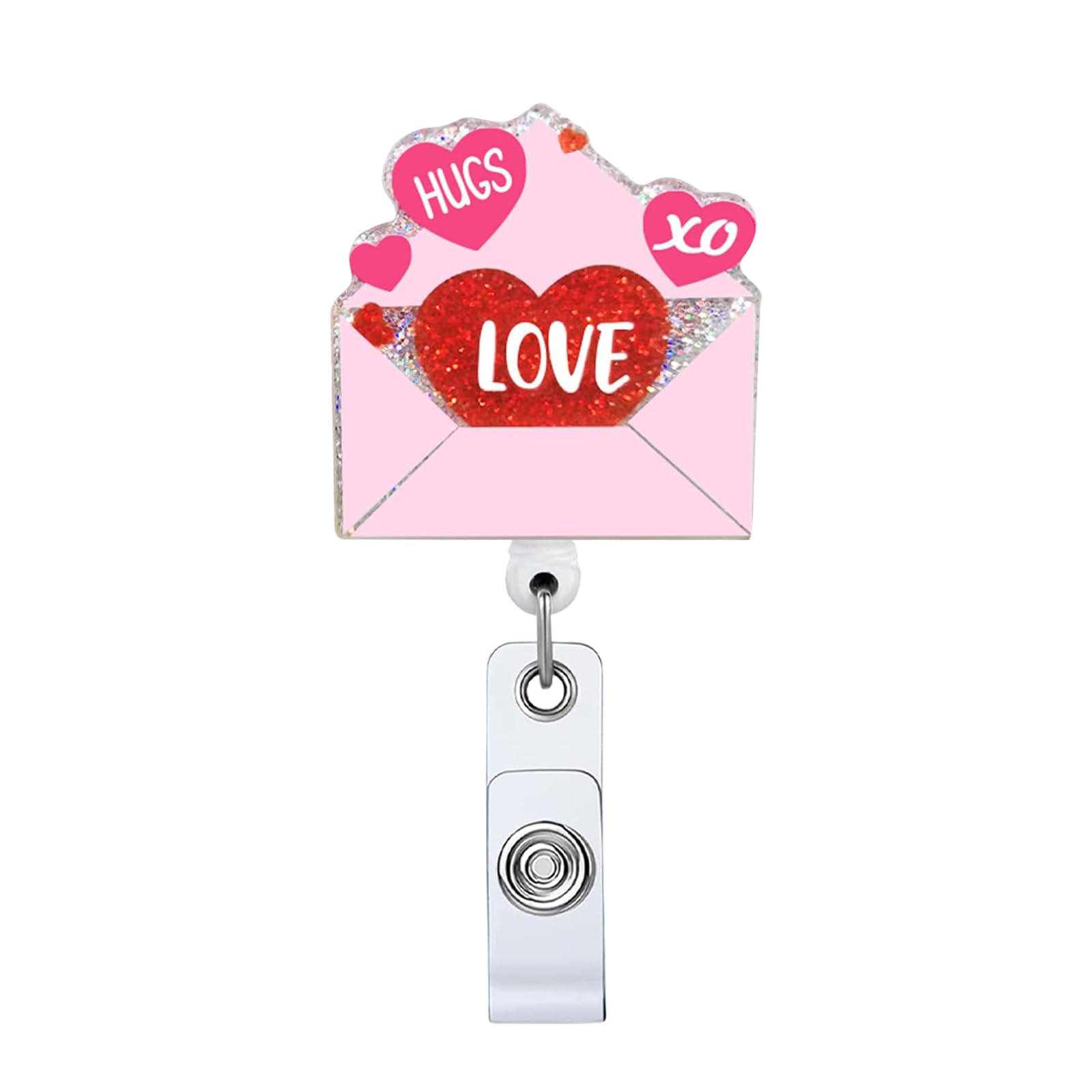 Valentine's Day Love Letter Retractable Badge Reel, Pink Red Name Tag ID Clip Card Gift for Nurses Doctor Colleagues Social Workers Alligator Clip