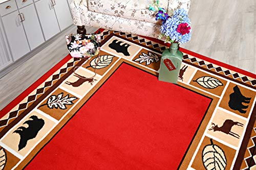 631 Red Rustic Bear & Moose Area Rug - 3'6"x5'6" Wildlife Bear Decor Lodge, Cabin Area Rug, Elegant and Durable Mat with Rubber Backing, Stain-Resistant for Living Room