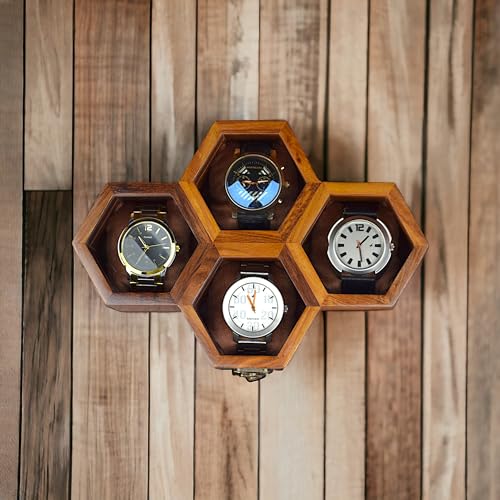 Vitrina de reloj de madera de alta calidad con 4 ranuras, caja de reloj hecha a mano, vitrina vintage de panal en palisandro indio, almohadas de terciopelo hechas a mano, regalo del día del padre para - imagen 6