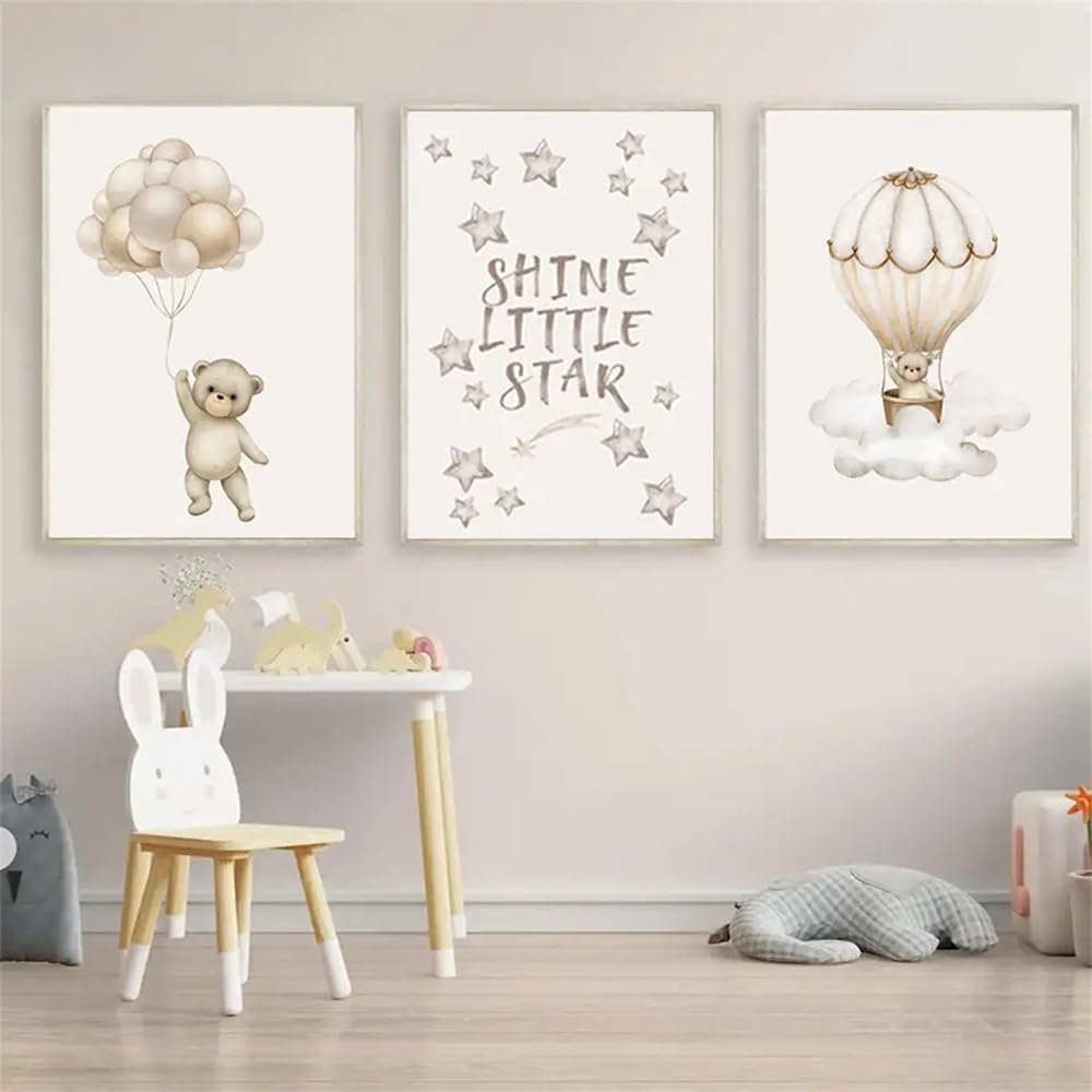 3 Poster Personalizzati Nomi Bambino - Tela 30x40cm, Design Orso Nuvola Stelle, Per Cameretta