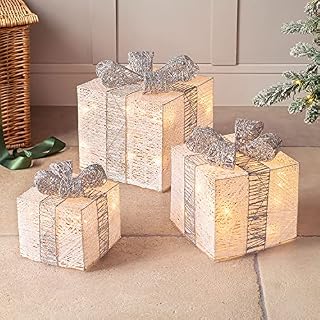 CHRISTOW Light Up Presents, LED Christmas Parcels, Glittery Parcel Lights, Cotton Present Decorations, Battery Operated with Timer (Set of 3 Silver & White Boxes)