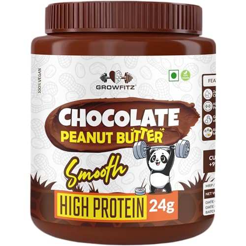 Image of Growfitz Peanut Butter Chocolate Smooth 800g | 24g High Protein Peanut Butter | 7g Fiber | Tasty & Healthy Nut Butter Spread for Breakfast & Snacks | Roasted Peanuts | Zero Sugar (Pack of 1)