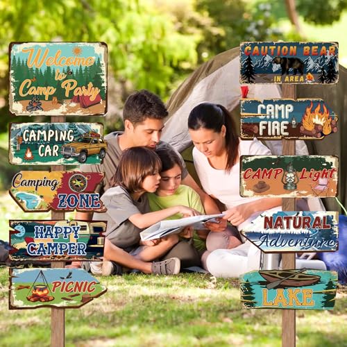Image of Hooqict 20 Pieces Camping Party Decorations Camping Themed Party Directional Signs for Summer Camp Day Classroom Welcome to Camp Birthday Decor Picnic Yard Sign