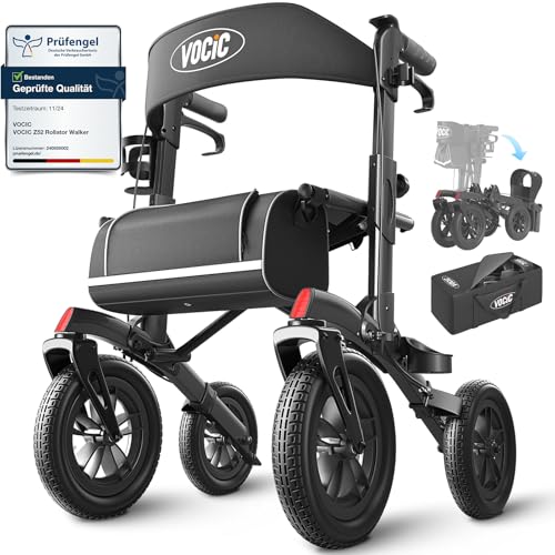 VOCIC Rollator Faltbar und Leicht mit Sitz,Outdoor Rollator mit Gummi-Nonluftbereifung für Allen Gelände,Aluminium Höhenverstellbare Rollatoren für Draußen&Langlauf&Reisen,Schwarz(5 Jahre Support)