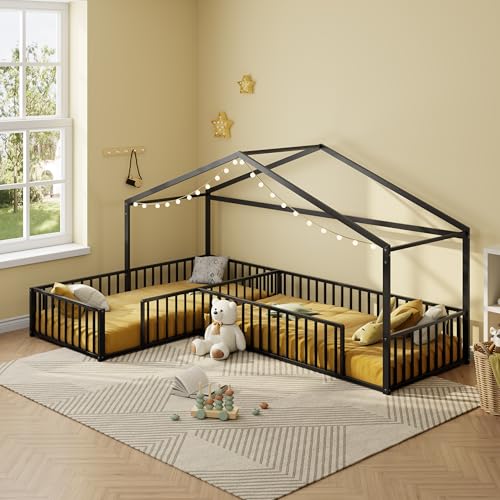Double Twin Size L-Shaped Montessori Floor Bed Without Slats, Metal Corner House Bed Frame with Fence, Black