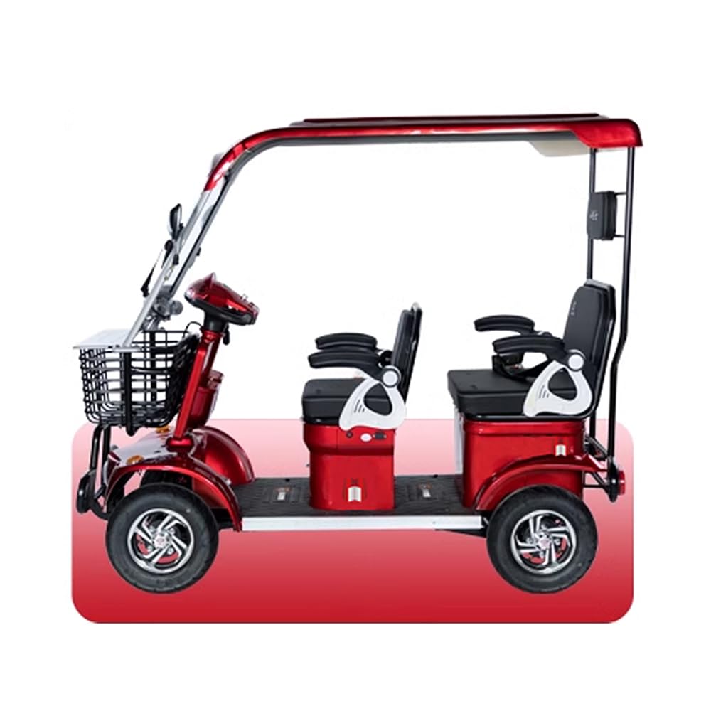 MT E6 with Canopy, Electric Four-Wheeler for Family Travel, Fully Enclosed Scooter, Front Storage Basket, Shopping Assistant, 4-Person Tricycle (red VRLA60V32AH)