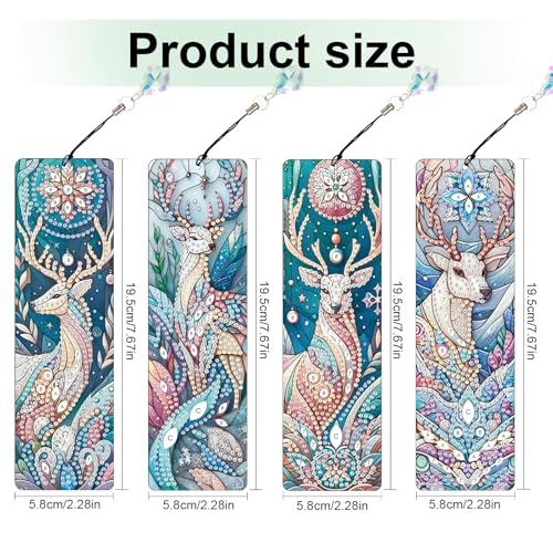Image of 4 Pack DIY Diamond Painting Bookmarks, Special Shaped Deer Design Handmade Crystal Rhinestone Bookmark Kits with Tassel, Sparkling Art Bookmark for Reading Enthusiasts