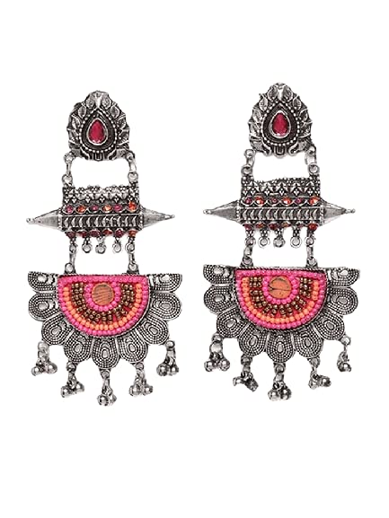 Dulcett India| Traditional Bead Earrings| Oxidised Silver Bead Earrings| Pink and Orange Bead Embroidery Work Earrings| Hand Embroidery Fashion Pink Earrings for Women & Girls (B09ZHYQT6L) Amazon Price History, Amazon Price Tracker