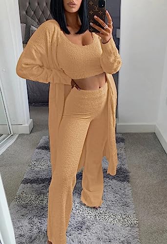 Image of Fixmatti Women's Fuzzy 3 Piece Sweatsuit Open Front Cardigan Crop Tank Tops Wide Legs Pants Lounge Sets