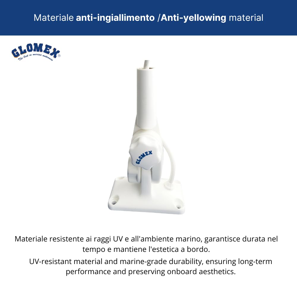 Glomex – Base a Doppio Snodo Glomeasy in Nylon (Bianco), Modello RA135FME – Bloccaggio a Manopola, Passacavo Impermeabile, Filettatura 5/8"x24, Per barche a vela, motore, gommoni, yacht