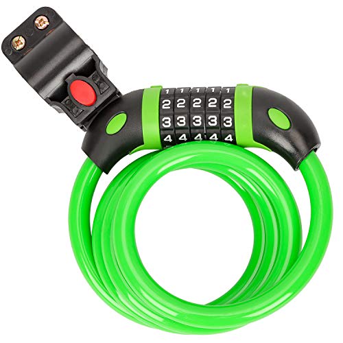 Emoly Bike Lock Cable, High Security 5 Digit Resettable Combination Coiling Bike Cable Lock,Bicycle Cable Lock for Bicycle,Mountain Bike, Scooter Outdoors, 4 Feet x 1.2M, Green