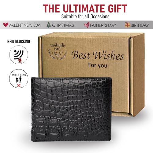 Image of HATA Men Leather Bifold Wallet RFID Blocking Front Pocket Exotic Billfold Handmade Gift For Birthday Wedding Anniversary Father's Day