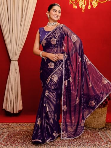 Image of SIRIL Women's Georgette Foil Printed Saree with Unstitched Blouse Piece