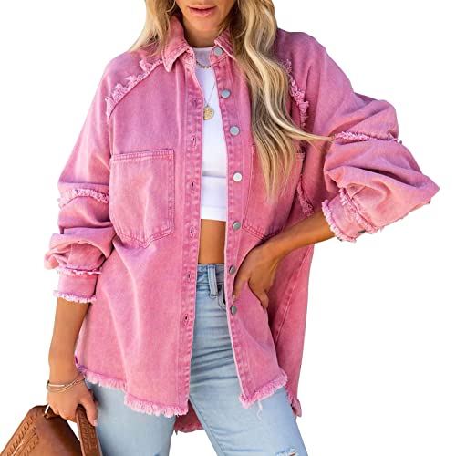 Femme Denim Veste Casual Denim Outwear À La Mode Couleur Pure Chauve-Souris À Manches Longues Femme Denim Veste Col Rabattu Simple Poitrine Veste en Jean avec Poche(S-Rose Rouge)