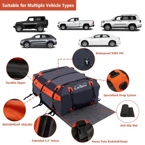 Sjehome 21 Cubic Feet Rooftop Cargo Carrier,Car Roof Bag For All Cars With/Without Rack,600D Pvc Waterproof Car Roof Storage,Includes Anti-Slip Mat,6 Door Hooks,Adjustable Elasticity Car Cargo Net #TOP2